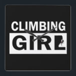 rock climbing girl square wall clock<br><div class="desc">This original rock climber silhouette text design with awesome typography font lettering is a great birthday and holiday gift idea for rock climbing, bouldering, and trekking lovers! This artwork is great for people who spent their free time climbing, also you will look amazing at this logo climbing text illustration. If...</div>