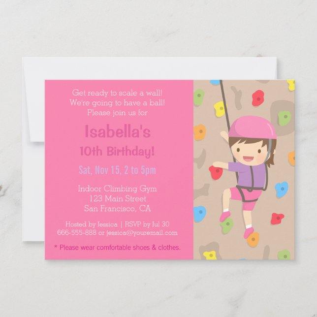 Rock Climbing Girls Birthday Party Invitations (Front)