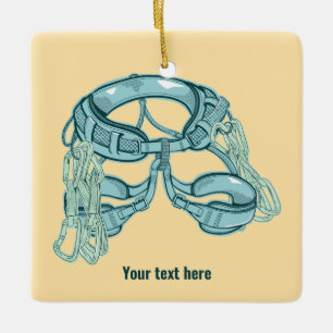 Rock climbing harness with quick draws ceramic ornament