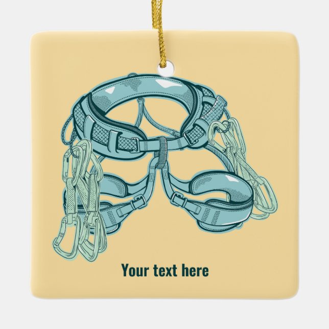 Rock climbing harness with quick draws ceramic ornament (Front)