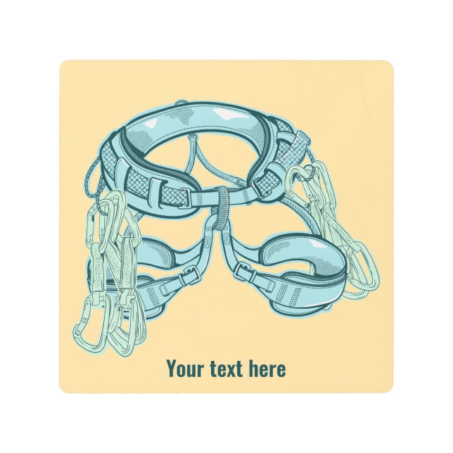 Rock climbing harness with quick draws metal print (Front)