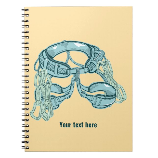 Rock climbing harness with quick draws notebook (Front)