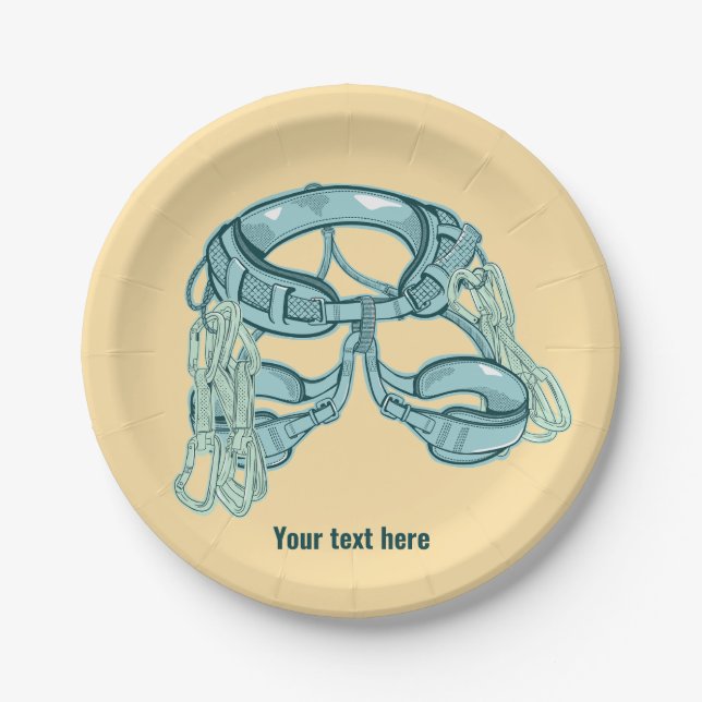 Rock climbing harness with quick draws paper plates (Front)
