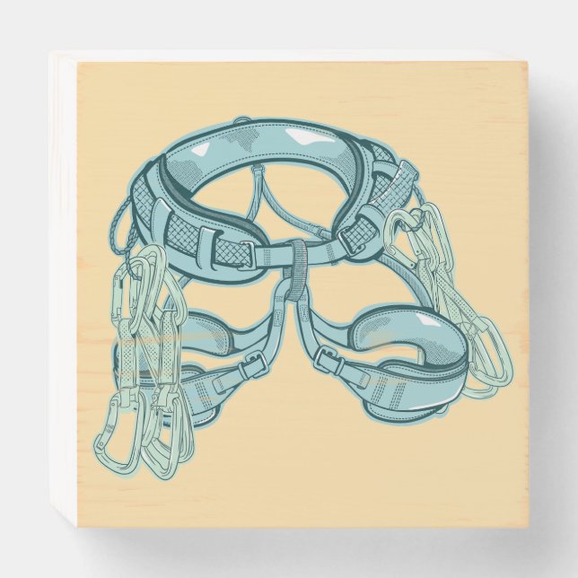 Rock climbing harness with quick draws wooden box sign (Front Horizontal)