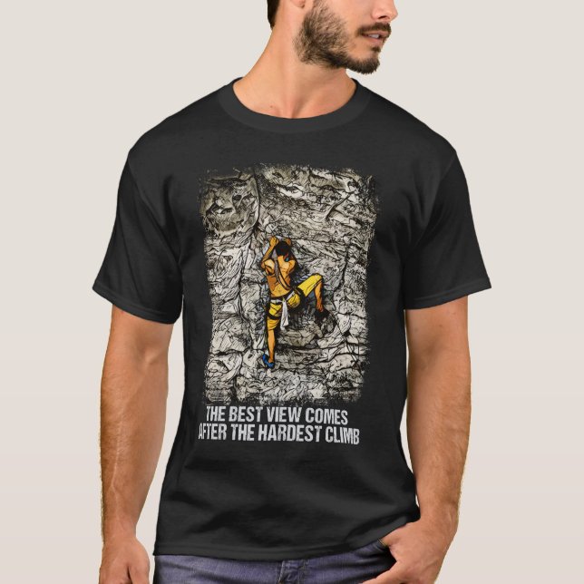 Rock Climbing Reaching for the Mountain Summit T-Shirt (Front)