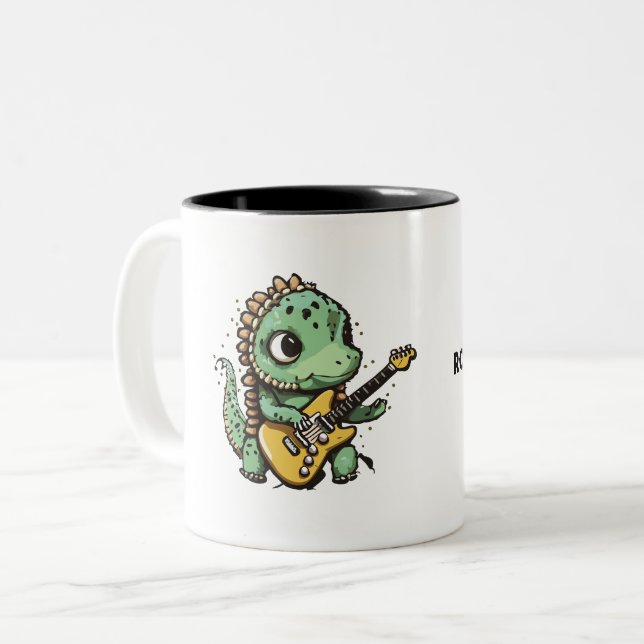 Rock & Coffee Dinosaur Rock Star Two-Tone Coffee Mug (Front Left)