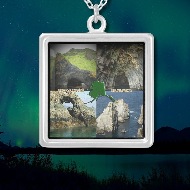 Rock Formations and Caves in Alaska Collage Silver Plated Necklace (Rock Formations and Caves in Alaska Collage Square Silver Plated Necklace)