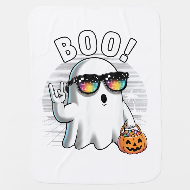 Rock Ghost Retro Halloween Pumpkin Funny Boo Baby Blanket (Front)