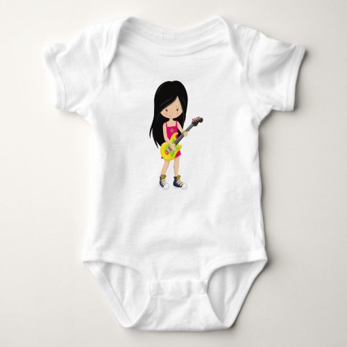 Rock Girl Black Hair Band Music Guitar Player Baby Bodysuit