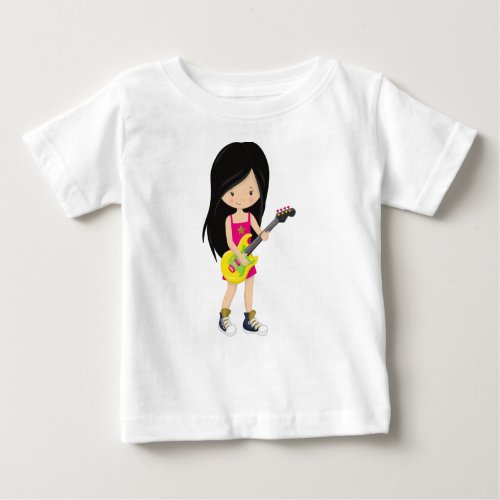 Rock Girl Black Hair Band Music Guitar Player Baby T_Shirt