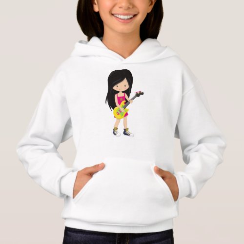 Rock Girl Black Hair Band Music Guitar Player Hoodie