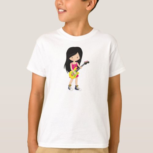 Rock Girl Black Hair Band Music Guitar Player T_Shirt