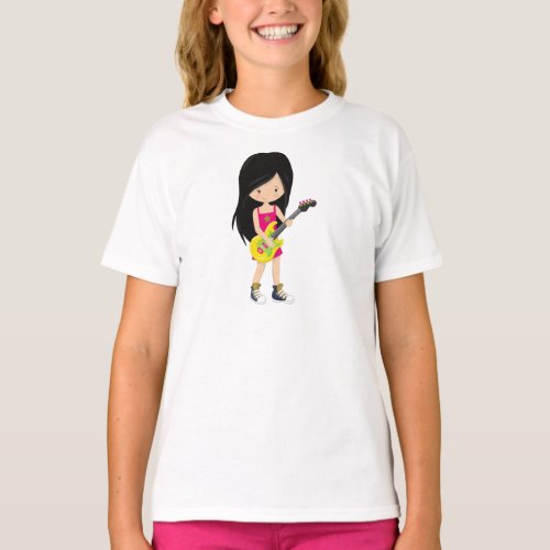 Rock Girl Black Hair Band Music Guitar Player T_Shirt