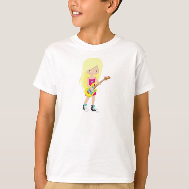 Rock Girl, Blonde Hair, Guitar Player, Band, Music T-Shirt (Front)