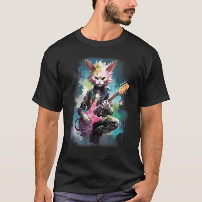 Rock Guitar Devon Rex Cat Guitarist T-Shirt (Front)