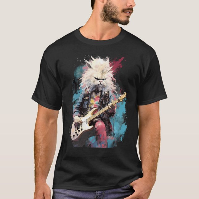 Rock Guitar Persian Cat Guitarist T-Shirt (Front)
