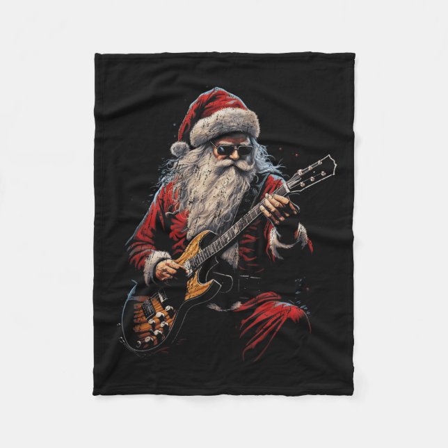 Rock Guitar Santa Claus Playing Guitar - Funny Chr Fleece Blanket (Front)