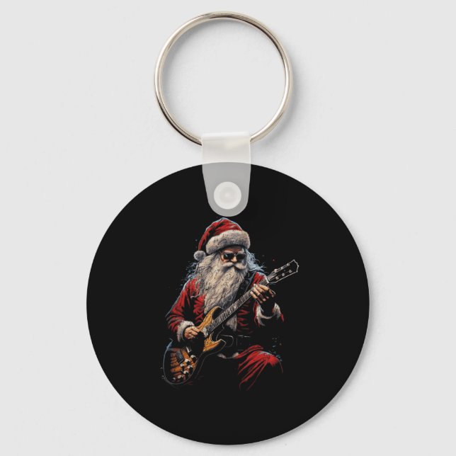 Rock Guitar Santa Claus Playing Guitar - Funny Chr Keychain (Front)