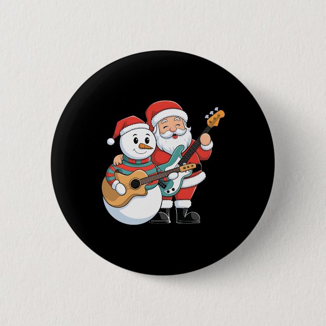 Rock Guitar Snowman And Santa Claus Playing Guitar Button (Front)