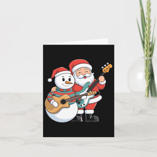 Rock Guitar Snowman And Santa Claus Playing Guitar Card (Front)