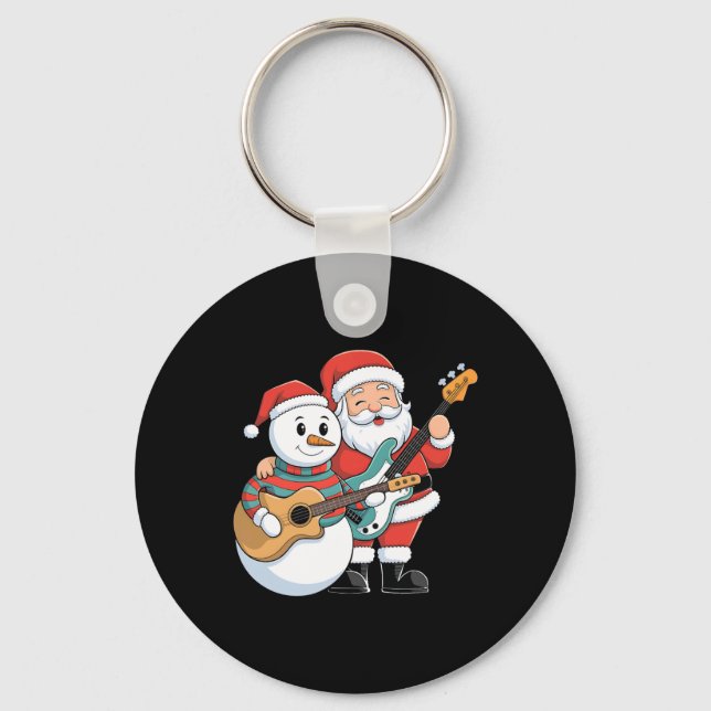 Rock Guitar Snowman And Santa Claus Playing Guitar Keychain (Front)