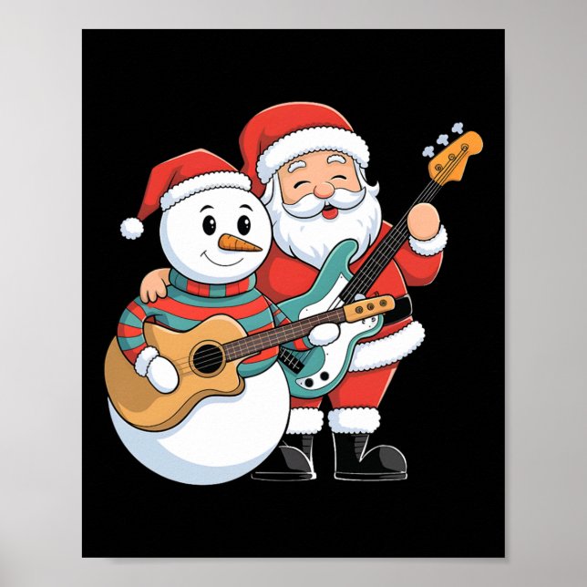 Rock Guitar Snowman And Santa Claus Playing Guitar Poster (Front)