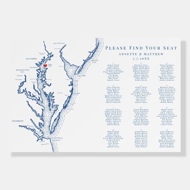 Rock Hall Maryland 12 table Wedding Seating Chart Foam Board (Front)