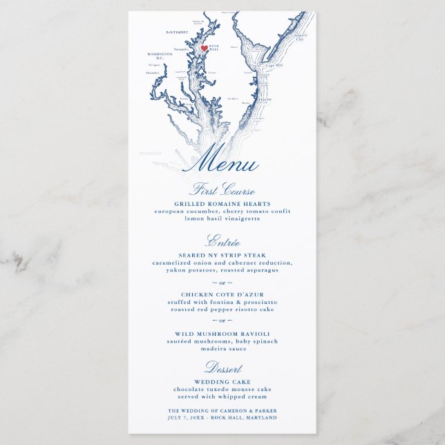 Rock Hall Maryland Map Elegant Navy Blue Wedding Menu (Front)