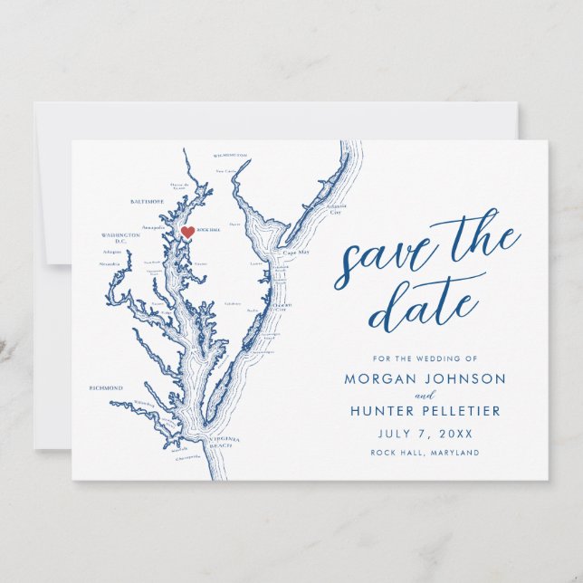 Rock Hall Maryland Map Minimal Modern Wedding Save The Date (Front)