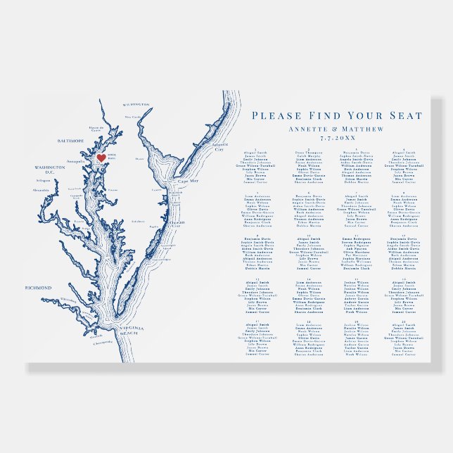 Rock Hall Maryland Wedding 20 Table Seating Chart Foam Board (Front)