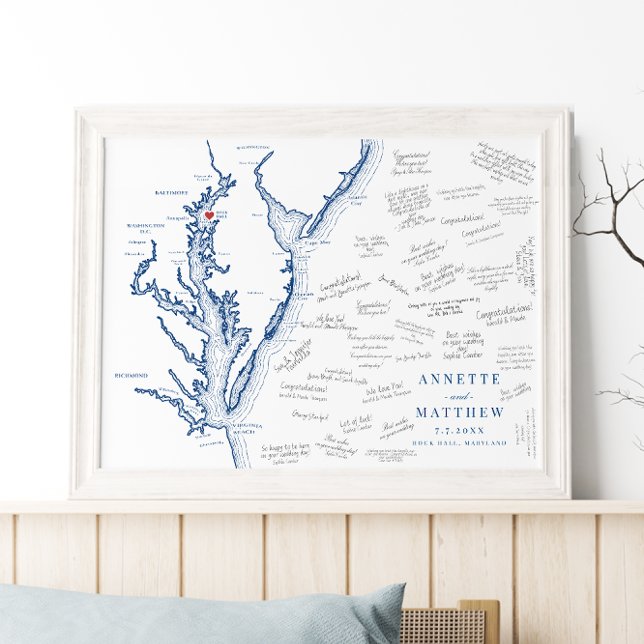 Rock Hall MD Wedding Elegant Map Guest Book Poster (Elegant Rock Hall Maryland Alternative Guest Book Poster with navy blue Chesapeake Bay map)