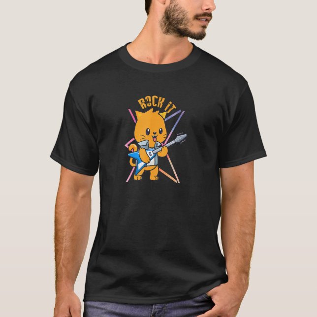 Rock it Cat plays guitar bass guitarist T-Shirt (Front)