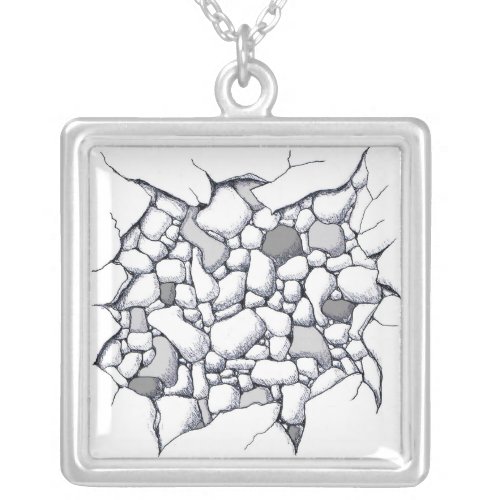 Rock it Hand Drawn Stunning  Broken Rock Goth 3D  Silver Plated Necklace