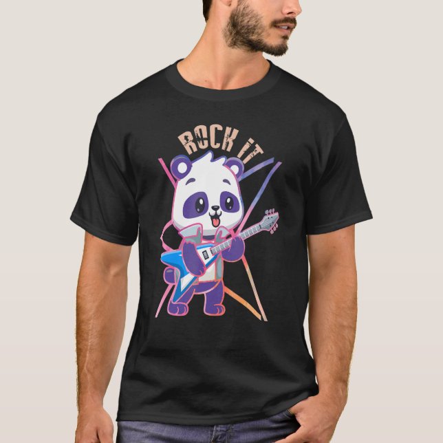 Rock it Panda plays guitar bass guitarist T-Shirt (Front)