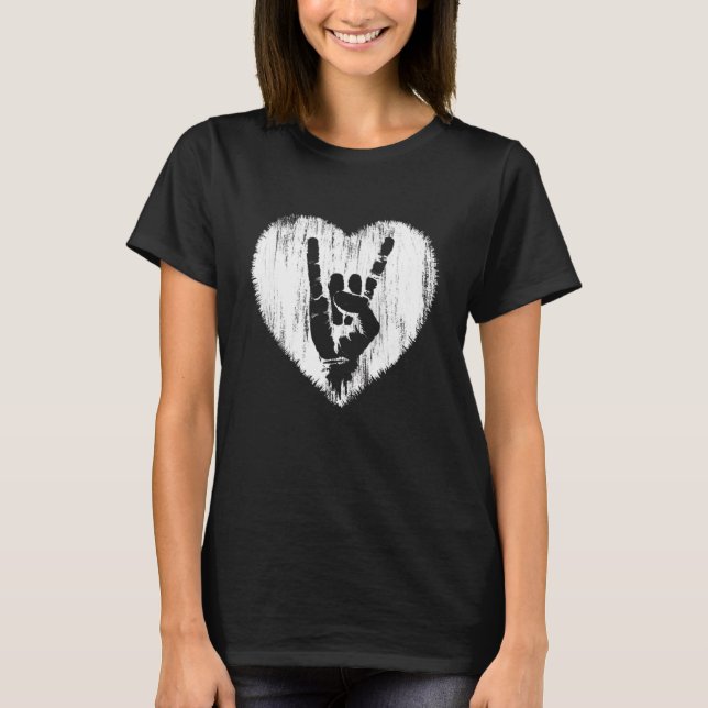 Rock Music  Heart Rock On Hand Horns T-Shirt (Front)