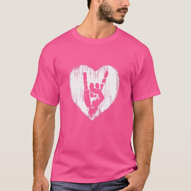 Rock Music  Heart Rock On Hand Horns T-Shirt (Front)