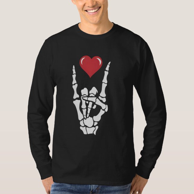 Rock Music Lover Skeleton Hand Rock Heart Graphic T-Shirt (Front)