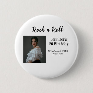 Rock n roll 20th birthday girl photo elegant moder button
