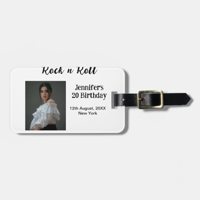 Rock n roll 20th birthday girl photo elegant moder luggage tag (Front Horizontal)