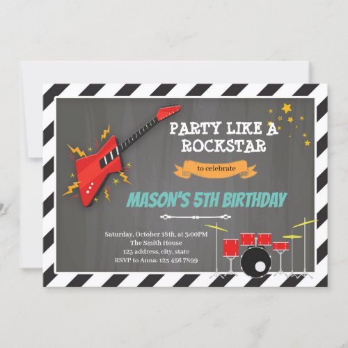 Rock n roll birthday theme party invitation