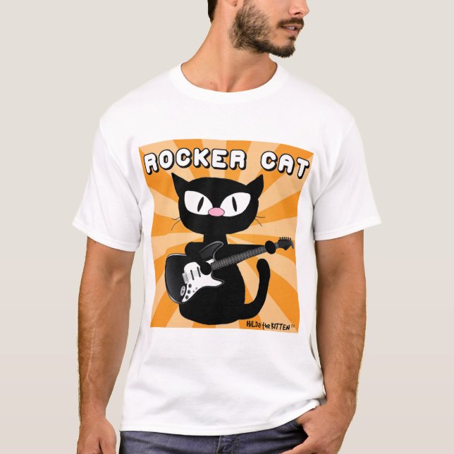 ROCK n ROLL Black Cartoon Cat Rocker T-Shirt (Front)