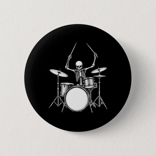 Rock N Roll Drummer Skeleton Playing Drums  Button (Front)