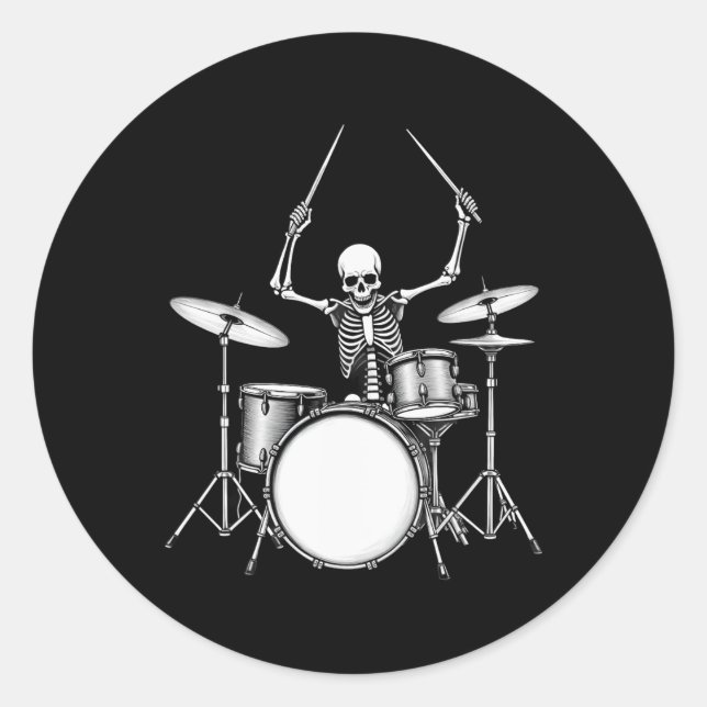 Rock N Roll Drummer Skeleton Playing Drums  Classic Round Sticker (Front)