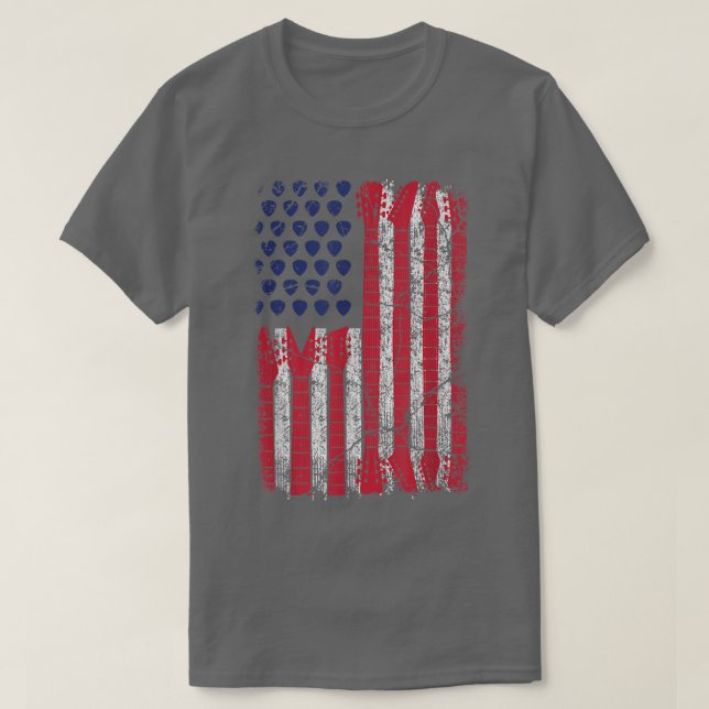 Rock N Roll Guitar Flag Line Sketch Usa Flag Indep T-Shirt (Design Front)