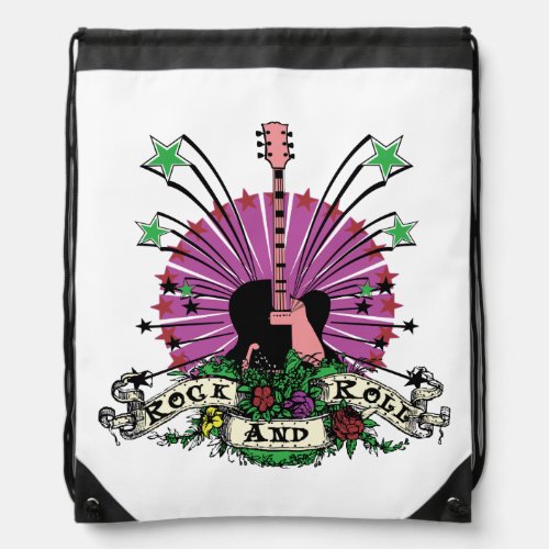 Rock n Roll Guitar Stars Flowers Drawstring Bag