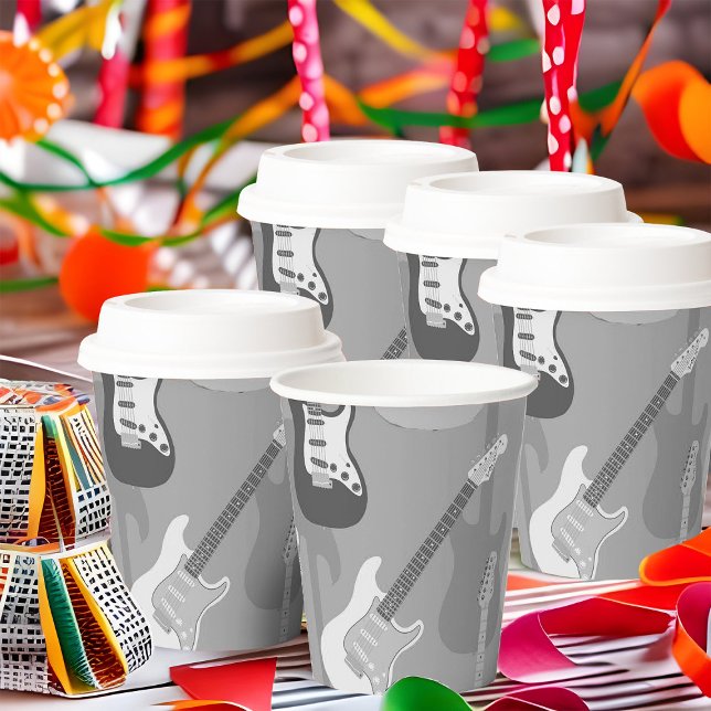 Rock N Roll Party Retro Guitar Black & White Music Paper Cups (Party cups with a cool, retro guitar design in black, white, and gray for a music themed birthday.)
