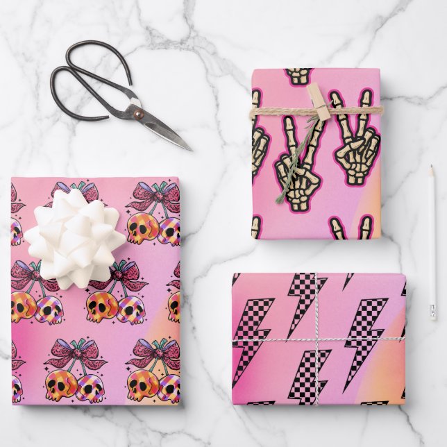 Rock n Roll Pink Skulls Skeleton Hand Halloween  Wrapping Paper Sheets (Front)
