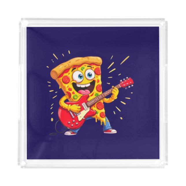 **Rock ’n’ Roll Pizza – Funny Guitar-Playing Slice Acrylic Tray (Front)