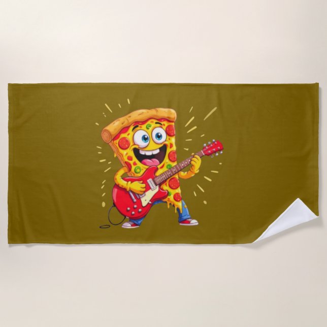 **Rock ’n’ Roll Pizza – Funny Guitar-Playing Slice Beach Towel (Front)