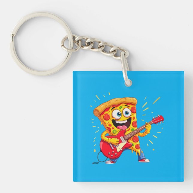**Rock ’n’ Roll Pizza – Funny Guitar-Playing Slice Keychain (Front)